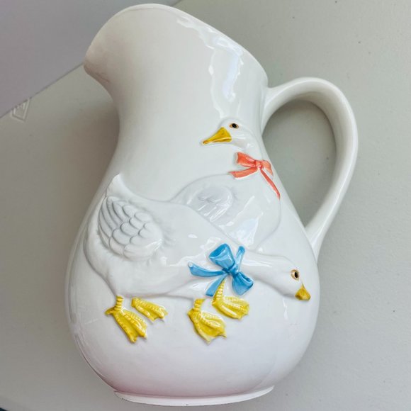 Otagiri Ceramic 8” Tall Ribbon Goose Pitcher Utensils Holder Vase 1983 Japan
